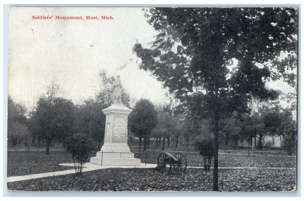 1909 Soldiers Monument Cannon Trees Hart Michigan MI Posted Antique Postcard