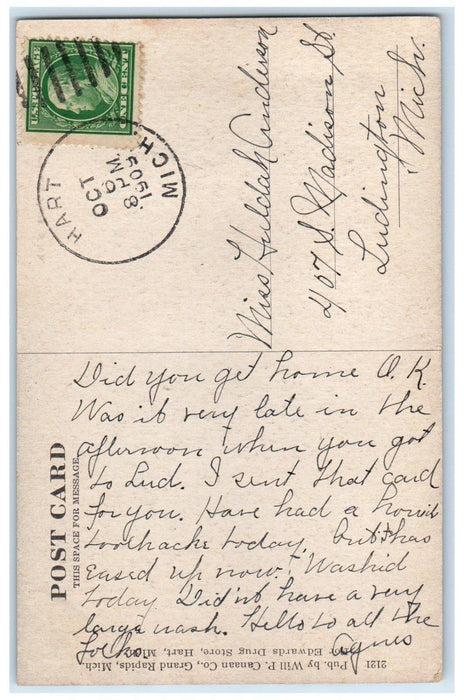 1909 Soldiers Monument Cannon Trees Hart Michigan MI Posted Antique Postcard