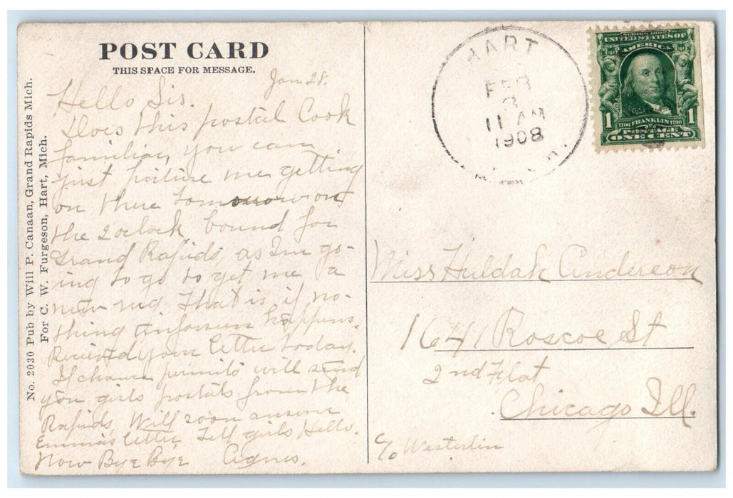 1908 Railroad Station Depot Train Passenger Hart Michigan MI Antique Postcard