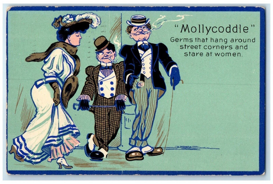 1909 Pretty Woman Walking Mens Cigarette Smoke Mollycoddle Buffalo NY  Postcard