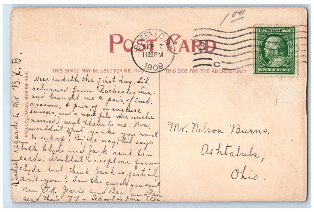 1909 Pretty Woman Walking Mens Cigarette Smoke Mollycoddle Buffalo NY  Postcard