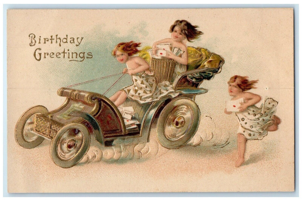 c1910's Birthday Greetings Children Riding Car Embossed Pine Bush NY Postcard