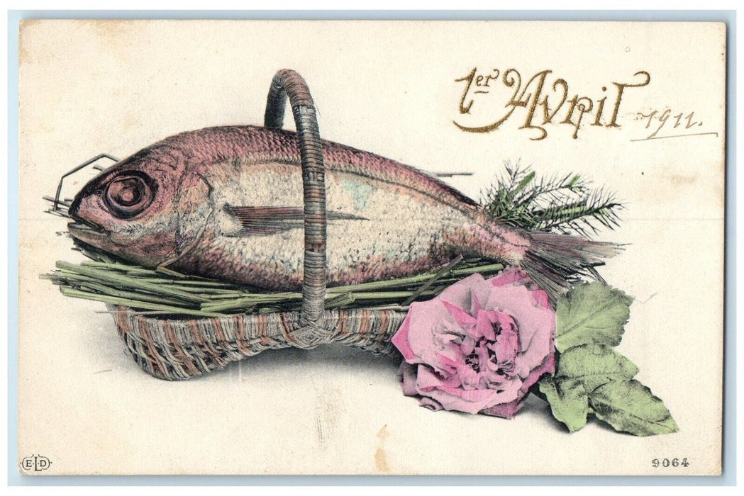 c1910s Big Fish Cached In Basket Flowers April 1st Fools Posted Antique Postcard