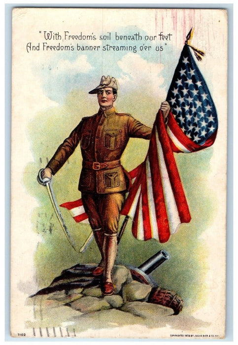 1908 Independence Day Soldier Holding Flag Patriotic Sword New York NY Postcard