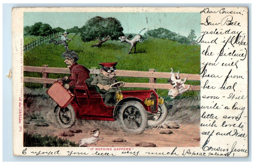 1906 Man Driving Car Hit Dog Alameda CA, Bellaine Ohio OH Antique Postcard