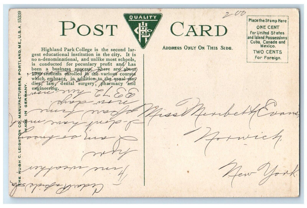 c1910 Exterior View Highland Park College Main Building Des Moines Iowa Postcard