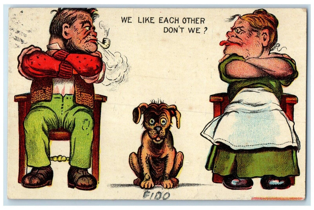 c1910's Ugly Couple Romance Man Pipe Smoke We Like Each Other Dog Postcard