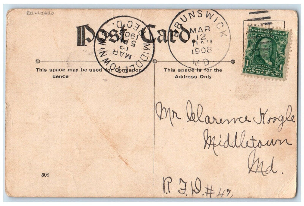 1908 Drunk Man Drinking Alcohol Billiard Brunswick Maryland MD Wall Postcard
