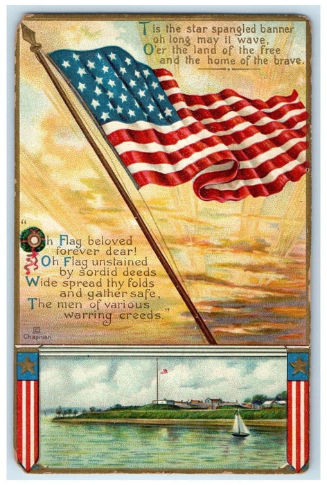 c1910's River Sailboat View Patriotic Embossed Clapsaddle Antique Postcard