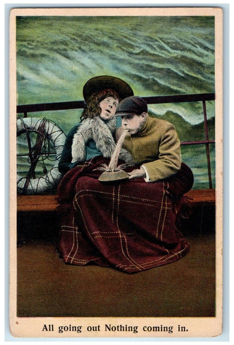 c1910's Woman Seasick Bouy All Going Out Nothing Coming In Bamforth Postcard