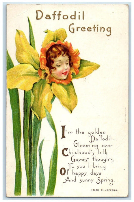 1915 Daffodil Greeting Woman Head In Flower Helen Jeffers Eldora IA Postcard