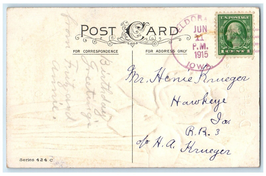 1915 Daffodil Greeting Woman Head In Flower Helen Jeffers Eldora IA Postcard