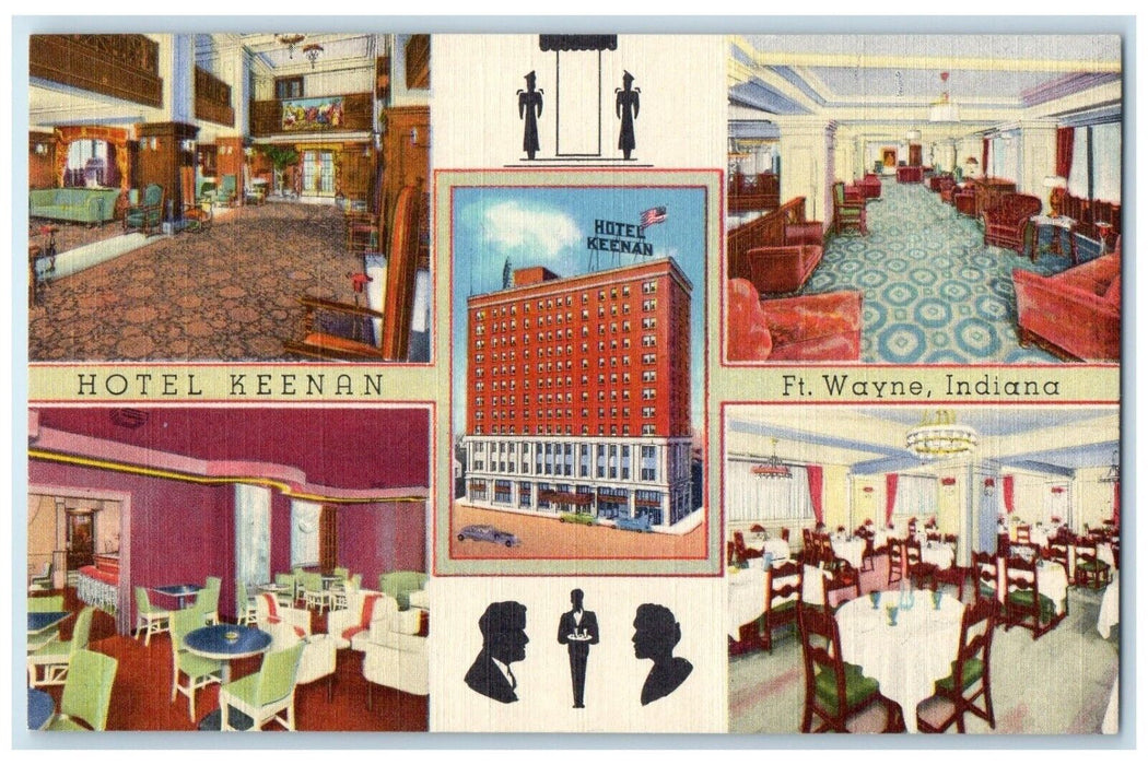 c1940 Hotel Keenan Cocktail Lounge Lobby Ft. Wayne Indiana IN Multiview Postcard