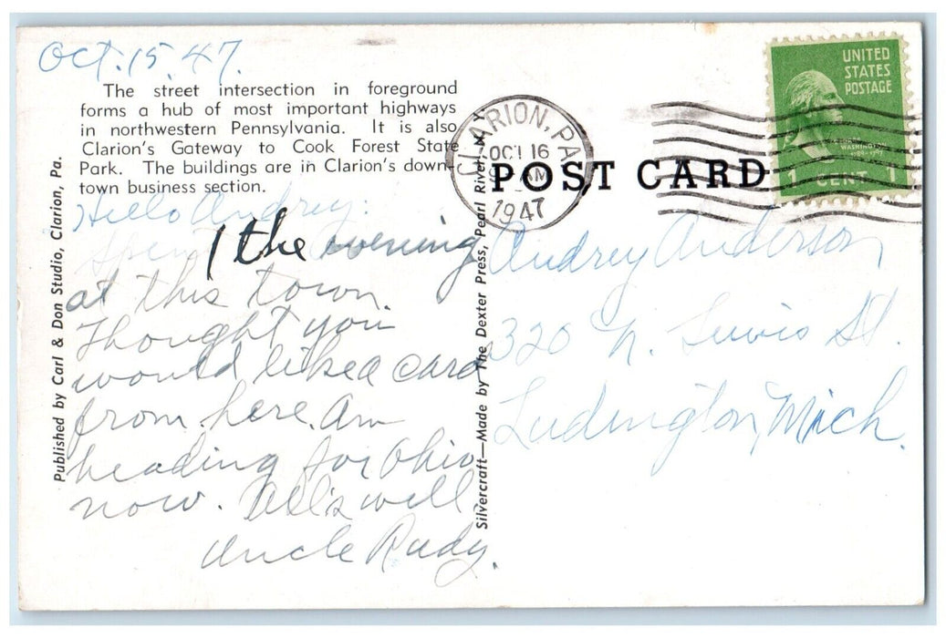 1947 Downtown Business Section Street Intersection Clarion Pennsylvania Postcard