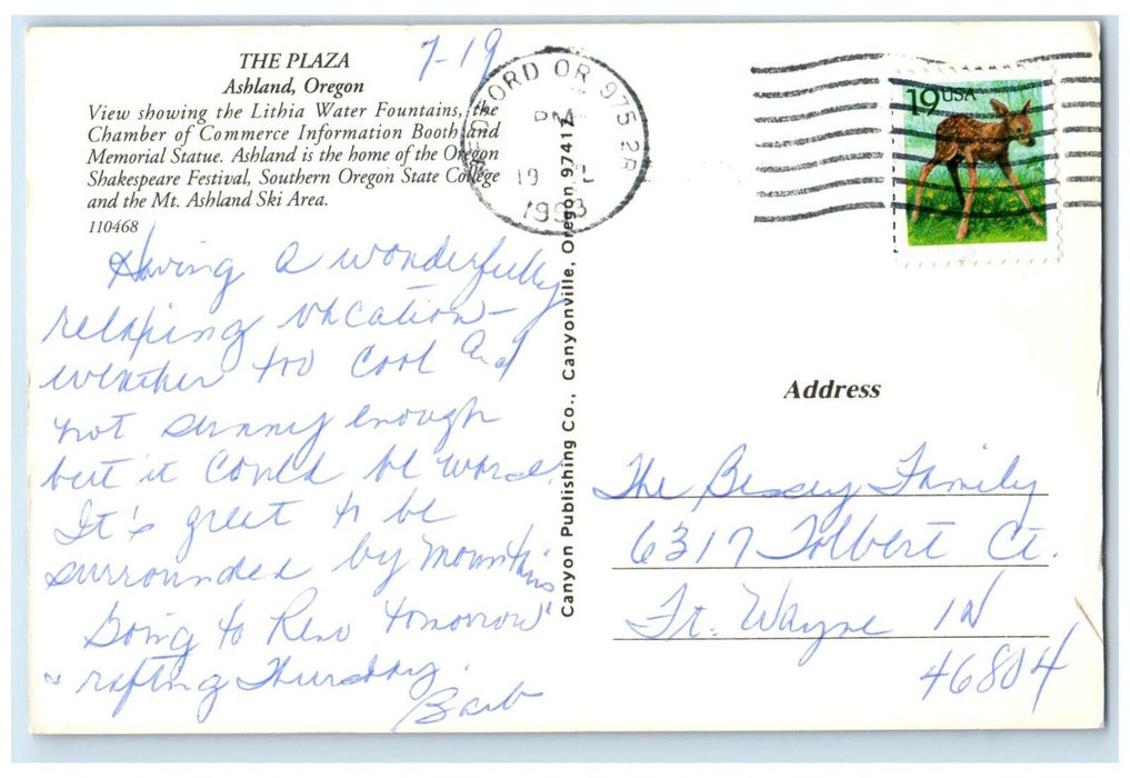 1993 The Plaza Lithia Water Fountains Chamber Commerce Ashland Oregon Postcard