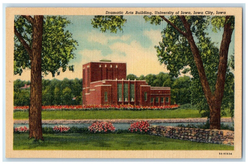 c1940 Dramatic Arts Building University Iowa Trees River Iowa City Iowa Postcard
