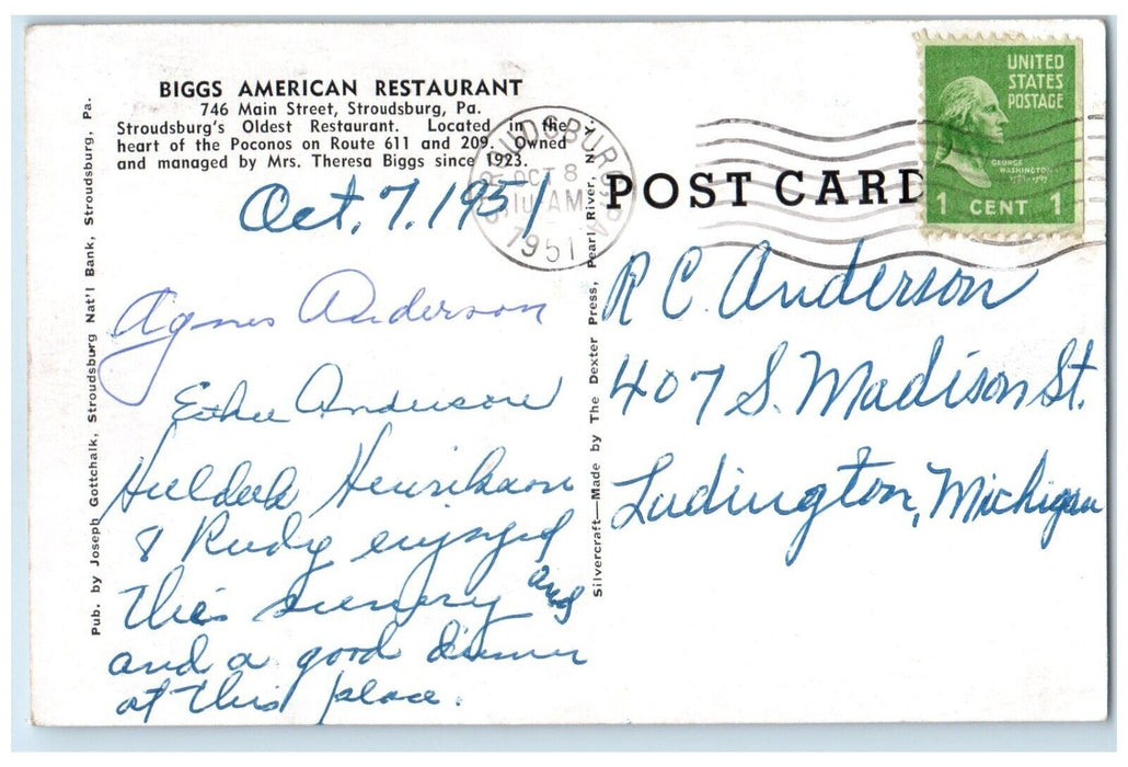 1951 Biggs American Restaurant Main Street Stroudsburg Pennsylvania PA Postcard