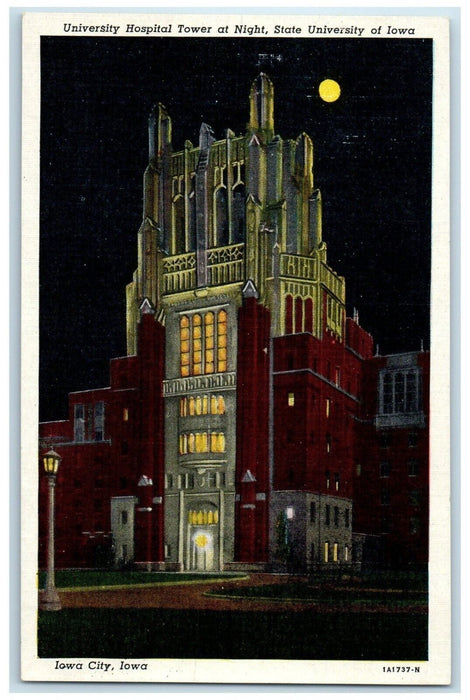 c1940 University Hospital Tower Night Moonlight Iowa City Iowa Antique Postcard