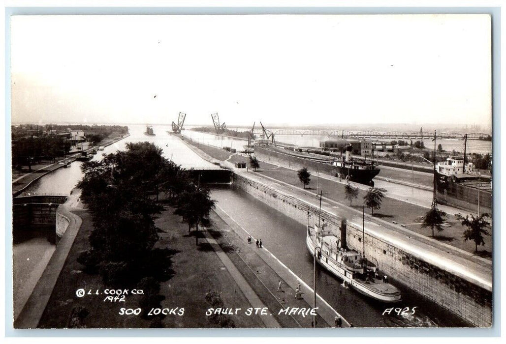 1942 Soo Locks Steamship Bridge View L. L. Cook Sault Ste. Marie MI RPPC Photo