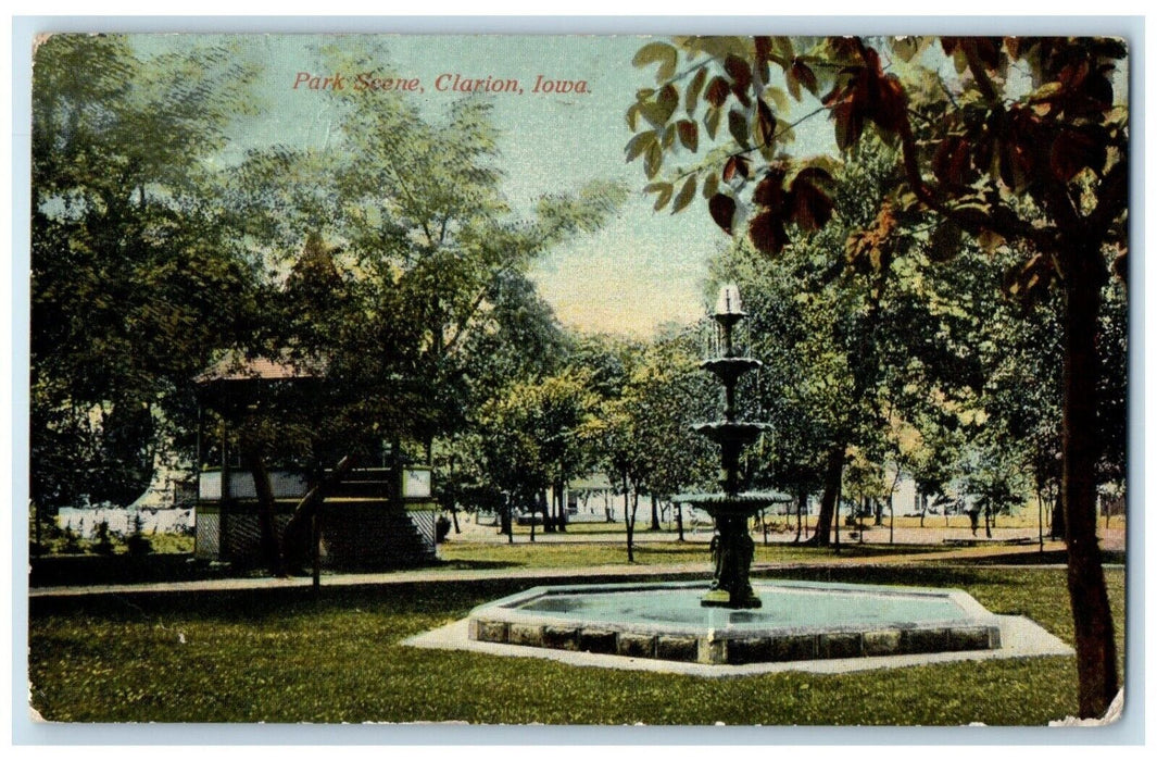 1912 Scenic View Park Scene Fountain Trees Clarion Iowa Antique Vintage Postcard