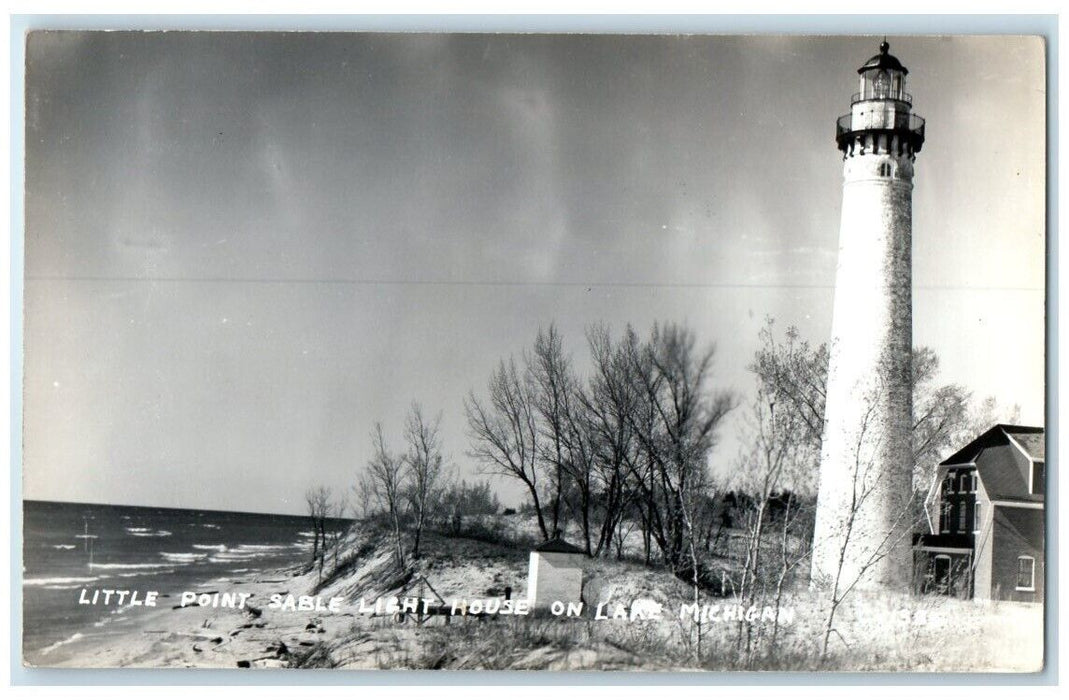 c1940's Little Point Sable Lighthouse Lake Michigan Mears MI RPPC Photo Postcard