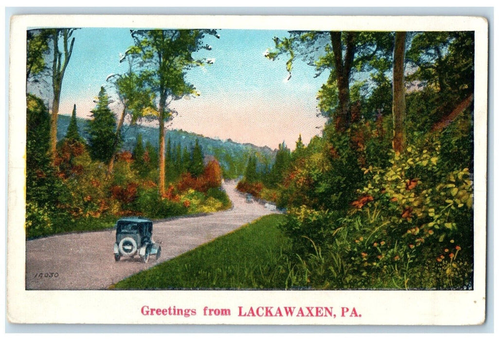 c1920 Greetings From Lackawaxen Pennsylvania PA Classic Car Road Street Postcard