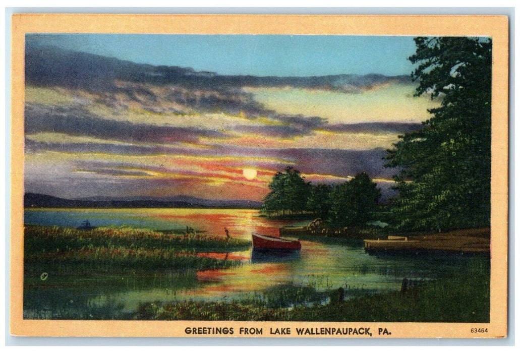 c1940 Greetings From Lake Wallenpaupack Pennsylvania River Sunset Boat Postcard