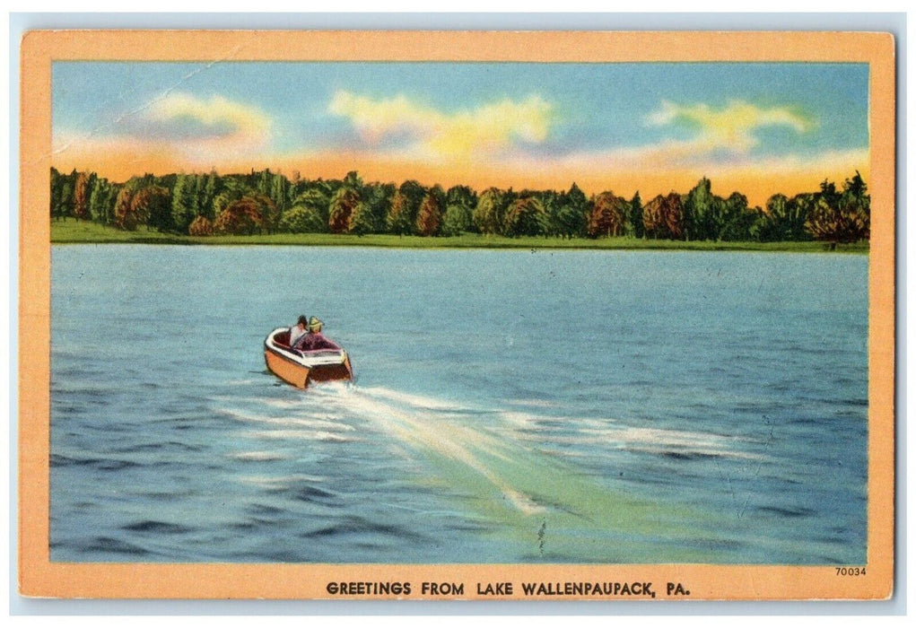 c1940 Greetings From Lake Wallenpaupack Pennsylvania Canoeing Boat PA Postcard