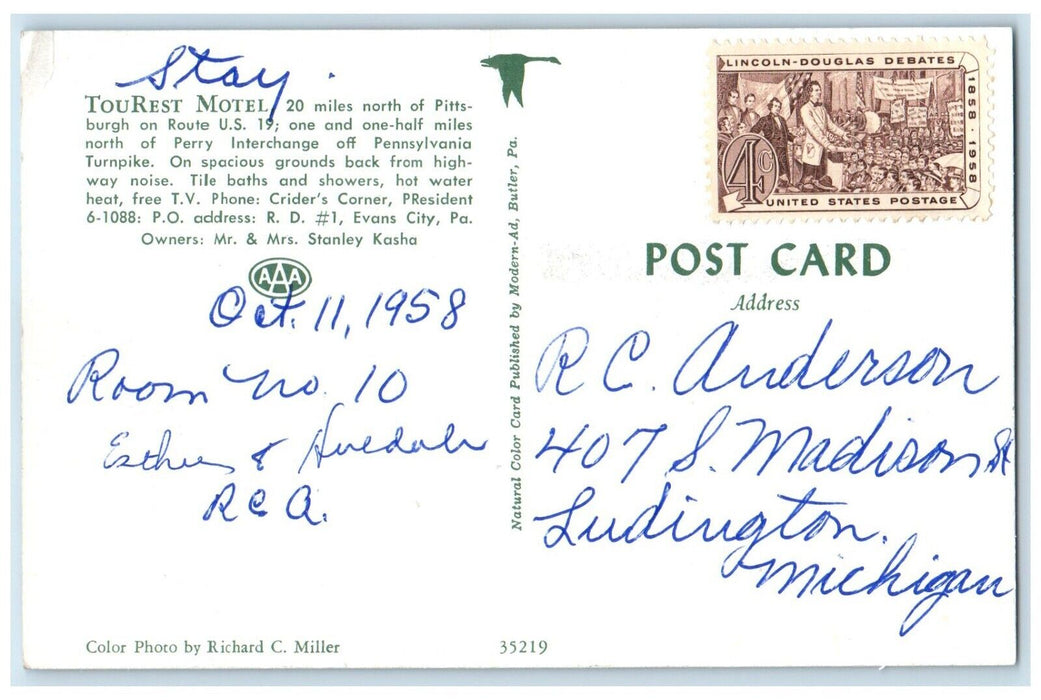 c1960 Tourest Motel Hotel Building Pittsburgh Evans City Pennsylvania Postcard