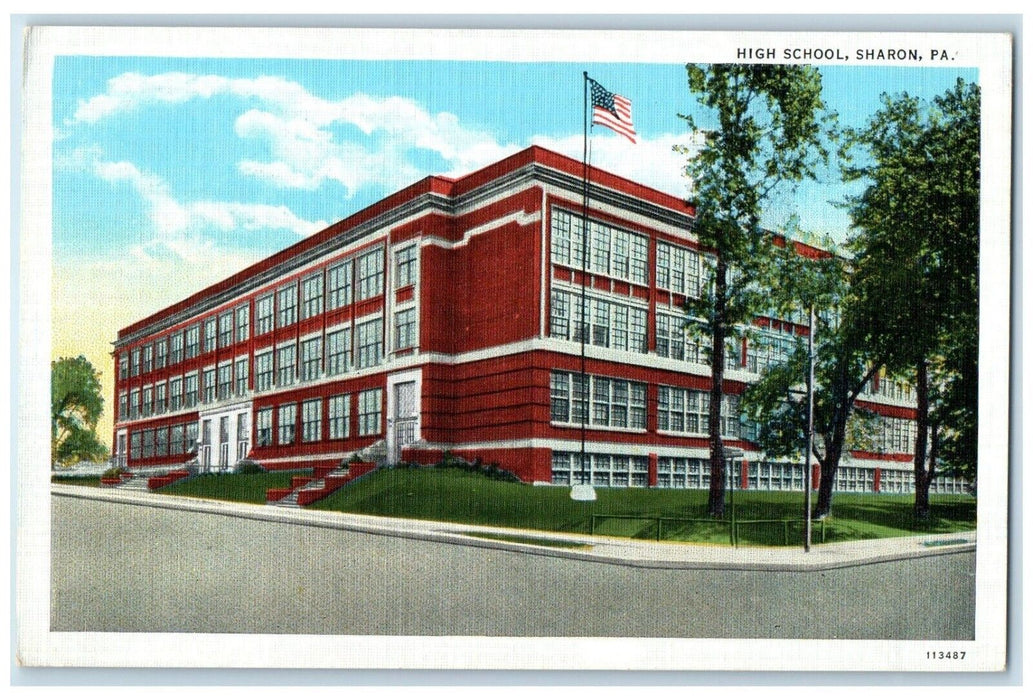 c1940 Exterior American Flag High School Sharon Pennsylvania PA Antique Postcard