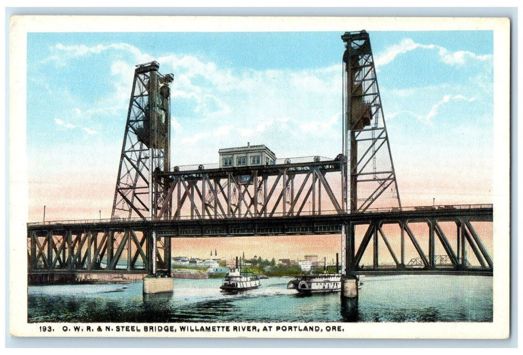 c1920 Steel Bridge Willamette River Steamer Ferry Boat Portland Oregon Postcard