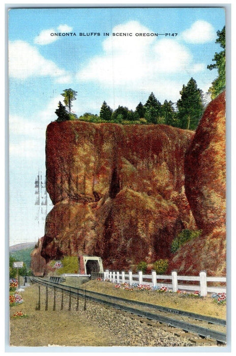 1952 Oneonta Bluffs Scenic Cliff-Rock Solid Stones Fence Road Oregon OR Postcard