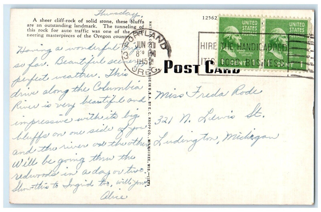 1952 Oneonta Bluffs Scenic Cliff-Rock Solid Stones Fence Road Oregon OR Postcard