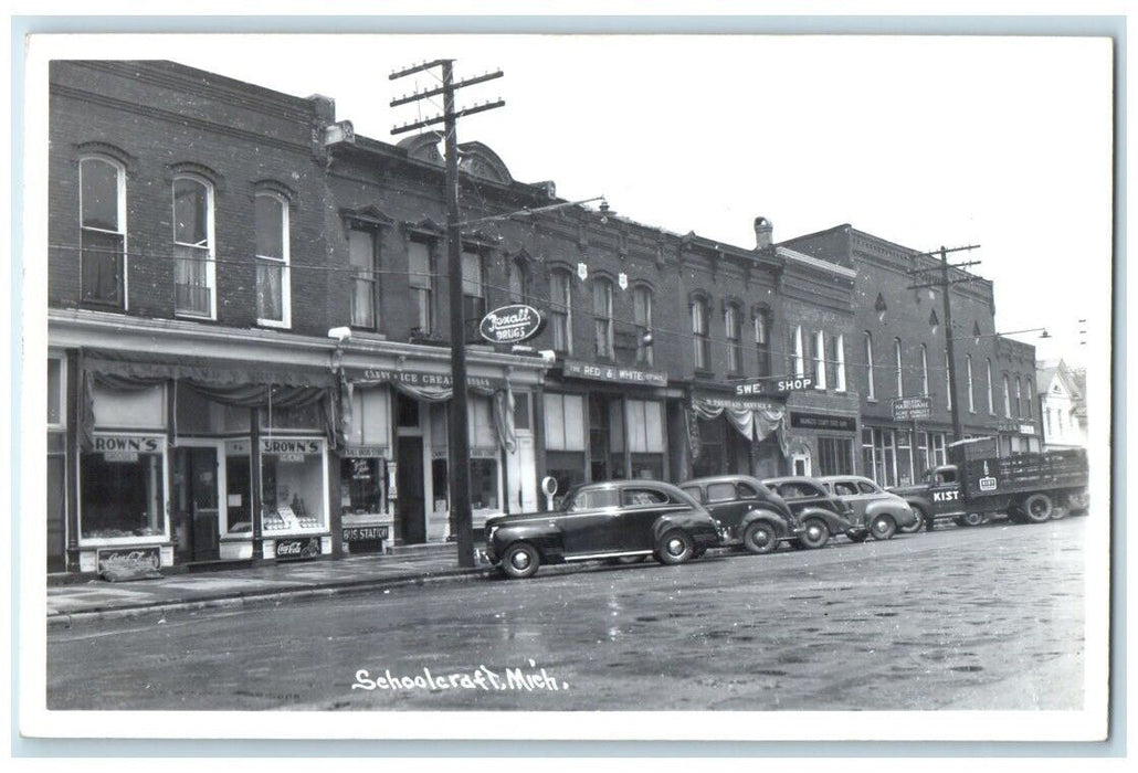 c1940's Ice Cream Parlor Hardware Drug Store Schoolcraft MI RPPC Photo Postcard