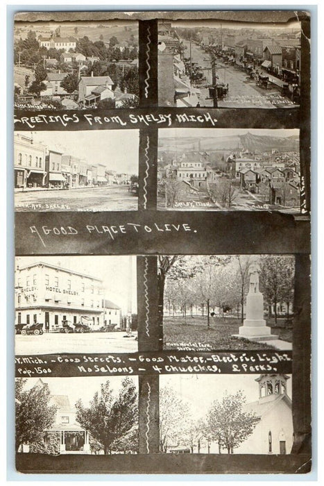 1911 Greetings From Shelby Multiview Hotel Church Statue MI RPPC Photo Postcard