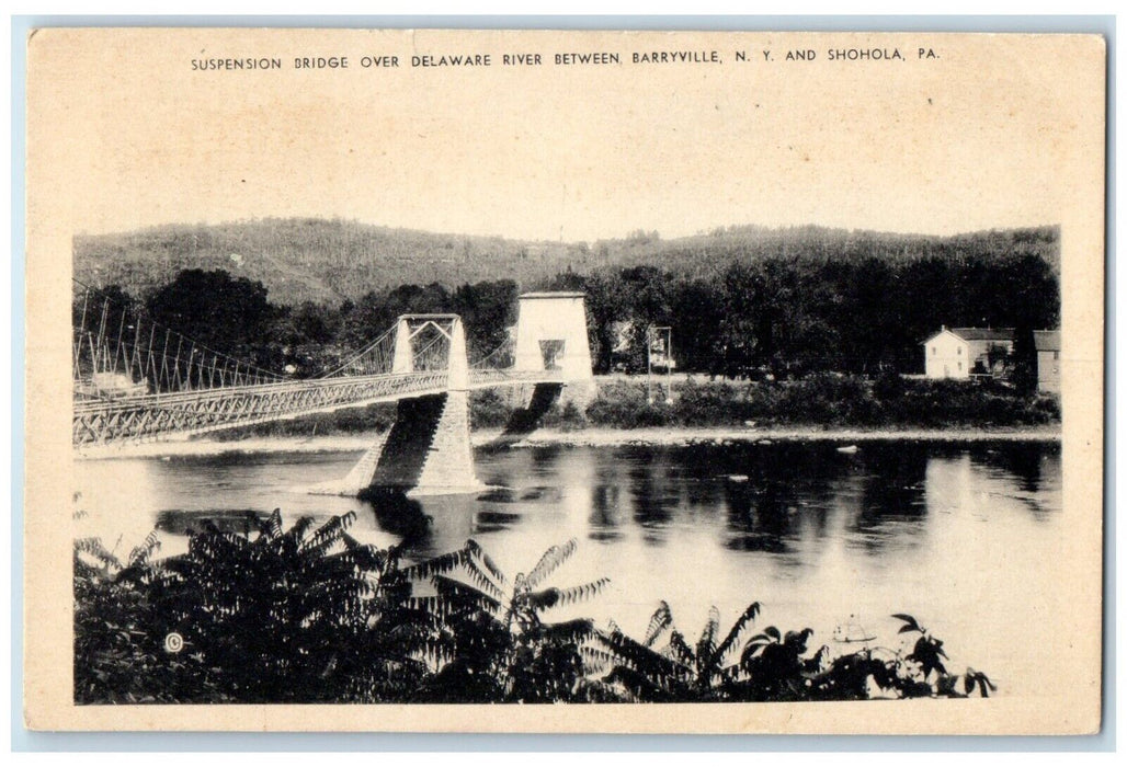 c1940 Suspension Bridge Delaware River Barryville NY Shohola PA Artvue Postcard