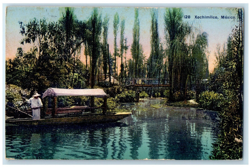 1934 Boat with Roof As A Transportation River Trees Xochimilco Mexico Postcard