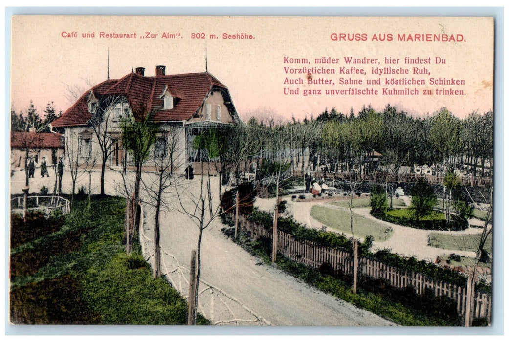 1917 Cafe and Restaurant Zur Alm Greetings from Mariánské Lázně Czechia Postcard