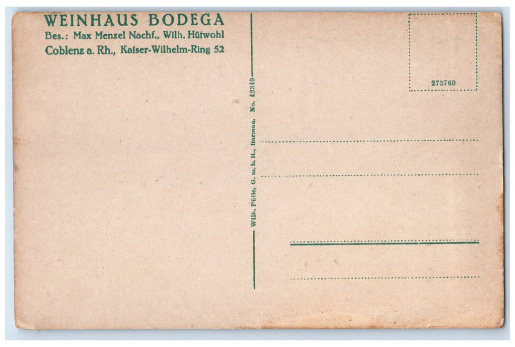 c1905 Weinhaus Bodega Koblenz Rhein Germany Max Menzel Nachf Antique Postcard