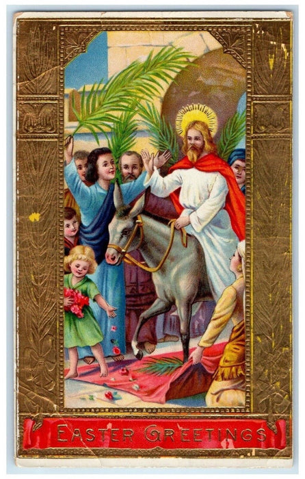 c1910's Easter Greetings Jesus Palm Leaf Embossed Gel Gold Gilt Antique Postcard