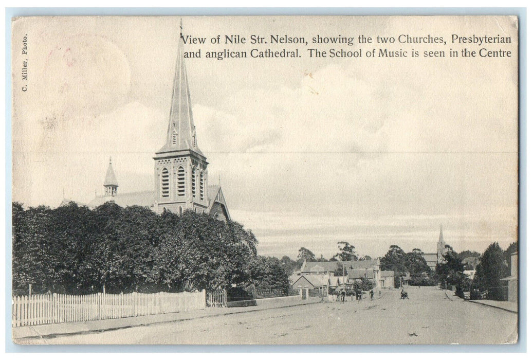 1907 View of Nile Str. Nelson Showing Two Churches School New Zealand Postcard