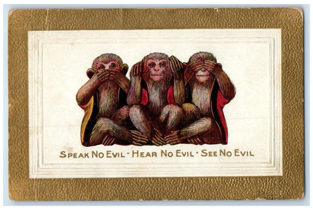 c1910's Three Little Wise Monkeys Japan Animals Embossed Antique Postcard