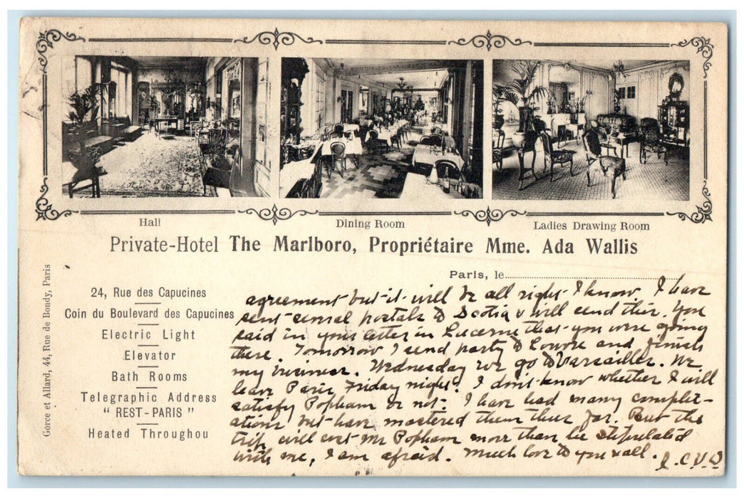 c1910 Hall Dining Room Private Hotel The Malboro Paris France Posted Postcard