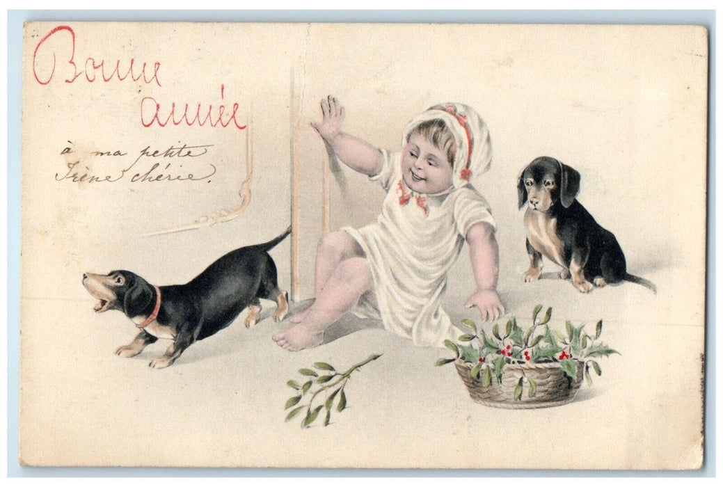 New Year Little Girl Playing Dachshund Dog Berries Mistletoe France Postcard