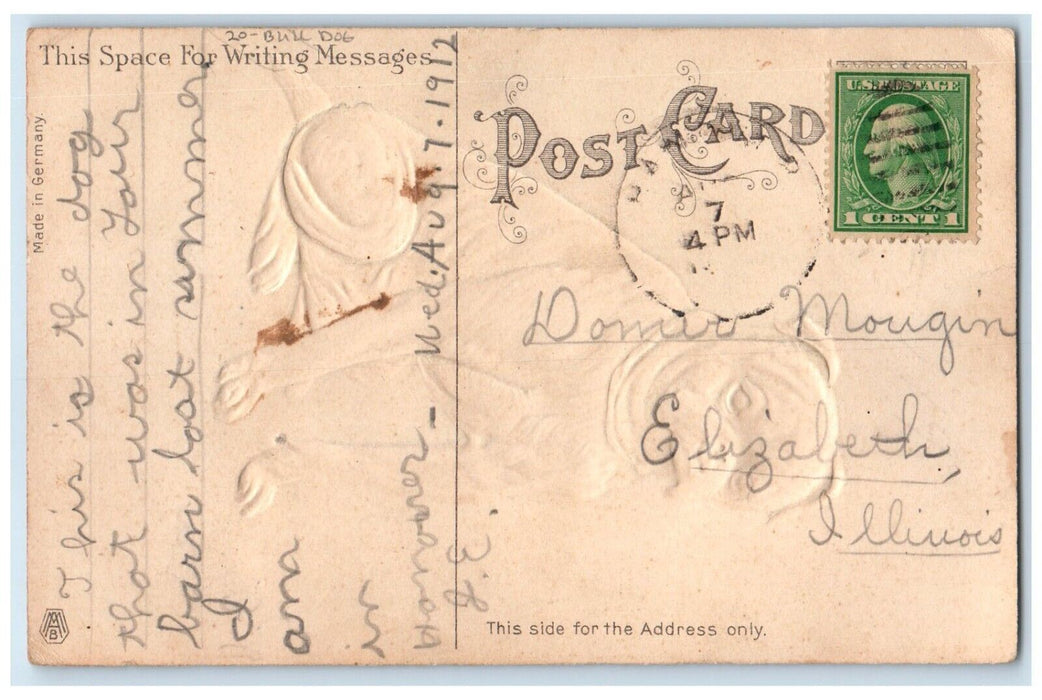 1912 Bull Dog Animal Embossed Elizabeth Illinois IL Antique Postcard