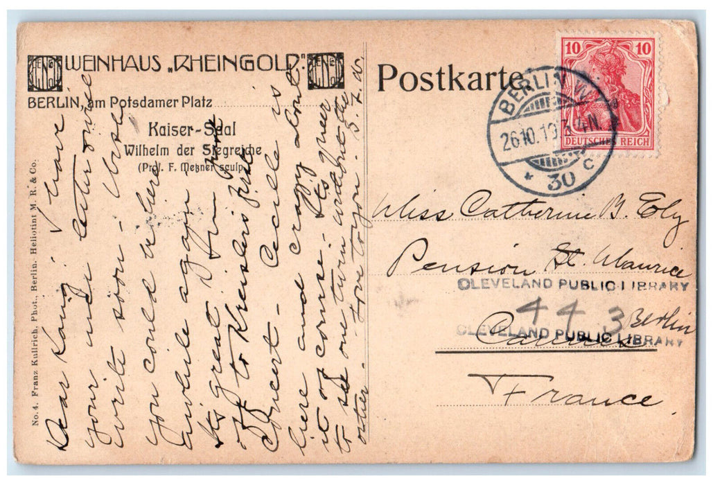 1919 Kaiser Hall Wilhelm the Victorious Berlin Germany Antique Postcard