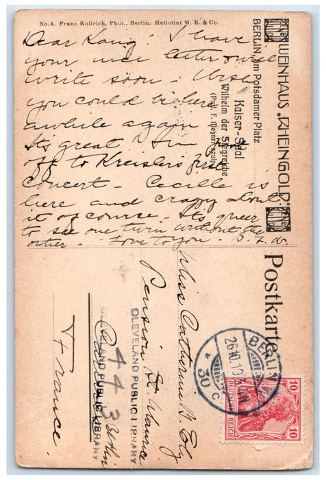 1919 Kaiser Hall Wilhelm the Victorious Berlin Germany Antique Postcard