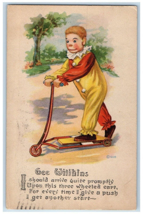 1915 Gee Wilihins Clown Suit Scooter Boston Massachusetts MA Antique Postcard