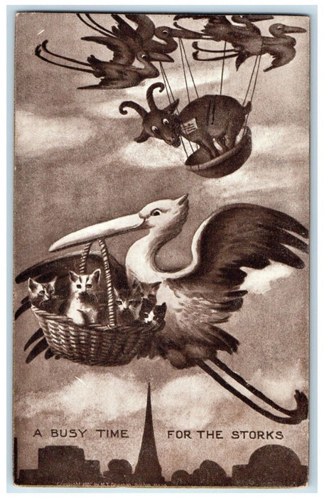 1911 Busy Time For The Stork Delivering Animals In Basket Antique Postcard
