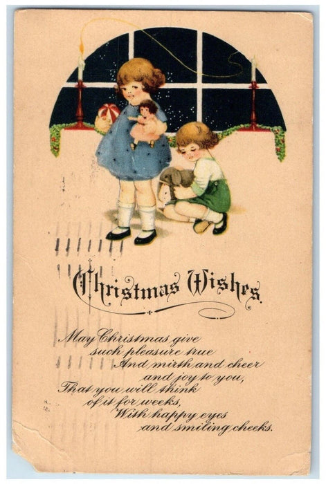 1925 Christmas Wishes Children With Toys Wichita Kansas KS Vintage Postcard